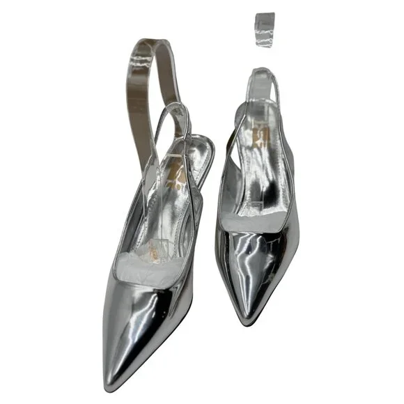 NEW Heelchic Womens Size 6 Silver Pointed Toe Slingback Heels Kitten Heel - Picture 8 of 16